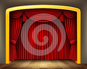 Red curtain of classical theater with wood floor