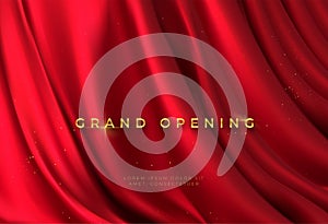 Red curtain and golden lettering Grand Opening 3d realistic background. Elegant celebration event design. Vector