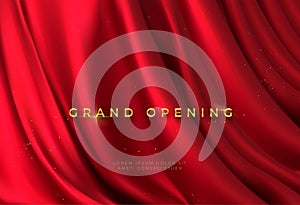 Red curtain and golden lettering Grand Opening 3d realistic background. Elegant celebration event design. Vector illustration