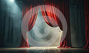 A red curtain is open in the middle of a stage.