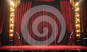 A red curtain is open in the middle of a stage.
