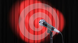 Red curtain with rotating spotlights and microphone, seamless looped 3d Animation. 4K