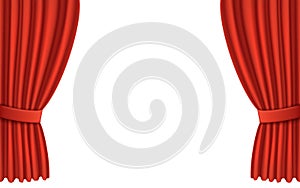 Red curtain on stage. 3d realistic theater curtains. Decor for open theatre, movie cinema and opera. Luxury velvet for show,