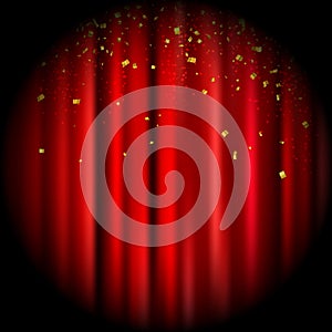 Red curtain on stage with golden confetti. Abstract background with spotlight in theater