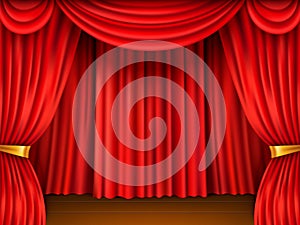 Red curtain stage. Realistic scene framed red textile theater veils, velvet fabric, cinema hall decor, open heavy drapes