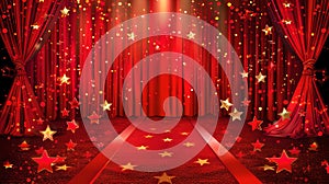Red Curtain Stage with Sparkling Lights and Stars, Ideal for Performances and Celebrations, Vibrant Entertainment