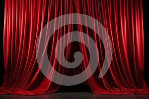 red curtain on stage of theater, opera or cinema slightly ajar, empty scene background
