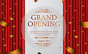 Red curtain stage vintage luxury elegant grand opening with golden confetti