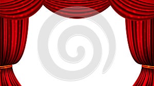 Red curtain. Theater cinema curtains shine elements. Isolated fabric drape vector banner, show circus entertainment ad