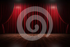 Red curtain theater or opera stage with wooden floor. Template grand opening concert or movie premiere backstage, curtain for