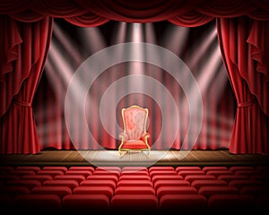 Red curtain and theatrical stage with red vintage chair