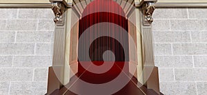 Red curtain, vip door entrance, classic arc door with red curtain, Arches with columns in wall