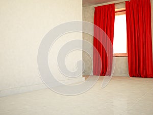 Red curtain on the window