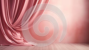 Red curtain with wooden floor and pink wall background. 3d render Generative AI