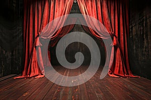 Red Curtain and Wooden Floor on Stage