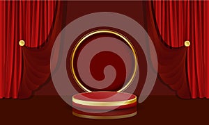 Red Curtains background and golden pedestal. Trendy empty podium display