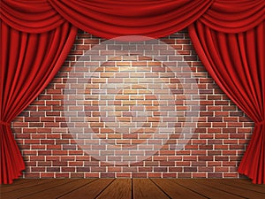 Red curtains on brick wall background