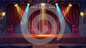 Red curtains, decoration, spotlights at theatre interior with wooden scene. Parallax slidescroll modern illustration of