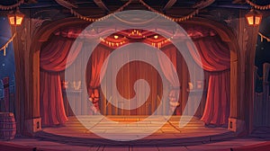 Red curtains, decorations, and spotlights at theatre interior with wooden scene. Parallax slidescroll modern