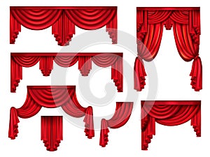 Red curtains or drapery realistic vector set