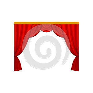 Red curtains with lambrequins for theater or circus stage. Decorative flat vector element for promo poster, banner or