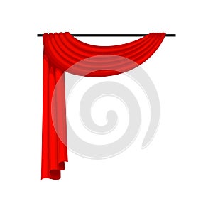 Red curtains on metal cornice. Decoration element for window, opera house or theater stage. Flat vector for poster