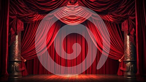 The red curtains are opening for the theater show. Generative AI