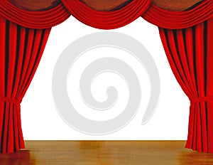 Red curtains over white