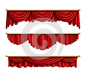 Red curtains. Realistic luxury curtain cornice set. Interior drapery textile, silk or velvet scene decoration. Theatre