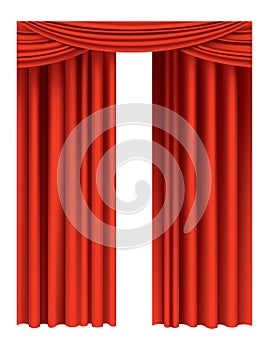 Red curtains realistic. Theater fabric silk decoration for movie cinema or opera hall. Curtains and draperies interior