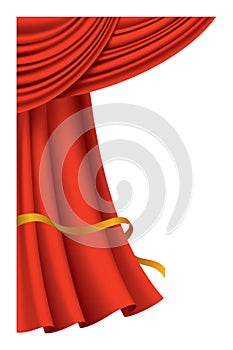 Red curtains realistic. Theater fabric silk decoration for movie cinema or opera hall. Curtains and draperies interior