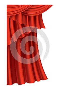 Red curtains realistic. Theater fabric silk decoration for movie cinema or opera hall. Curtains and draperies interior