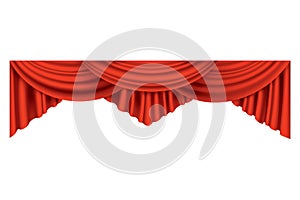 Red curtains realistic. Theater fabric silk decoration for movie cinema or opera hall. Curtains and draperies interior