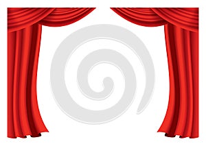 Red curtains realistic. Theater fabric silk decoration for movie cinema or opera hall. Curtains and draperies interior