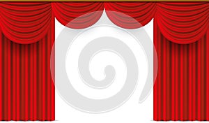 Red curtains. Realistic theater stage drapery. 3D luxury window drapes. Hanging velvet fabric with folds. Decorative