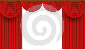 Red curtains. Realistic theater stage drapery. 3D luxury window drapes. Hanging velvet fabric with folds. Decorative cover
