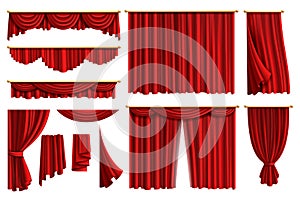 Red curtains. Set realistic luxury curtain cornice decor domestic fabric interior drapery textile lambrequin, vector