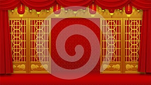 Red curtains stage backdrop highly detailed in chinese style