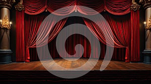 Red curtains on the stage of theater and film. Empty Stage with a closed red curtain, light from footlights background photo