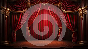 Red curtains on the stage of theater and film. Empty Stage with a closed red curtain, light from footlights background