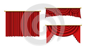 Red curtains for theater scene. Realistic curtain cornice decor for interior of cinema, opera. Theatre velvet decoration for