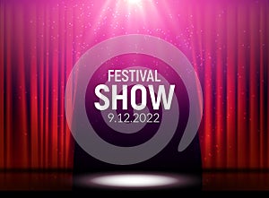 Red curtains theater scene stage backdrop. Vector show background performance concert. Light party design of stage