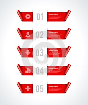 Red curved bookmarks wave paper infographics banner business steps numbers realistic template vector