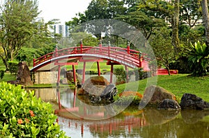 Red curved bridge & Japanese garden stream