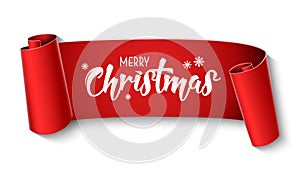 Red curved paper merry christmas banner isolated on white background