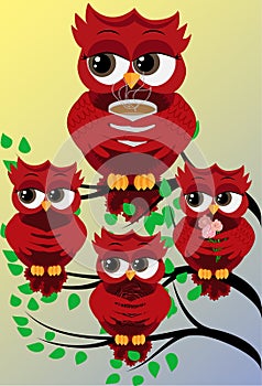 red cute flirtatious owls on branches, with roses, with a cup of steaming coffee, tea or chocolate
