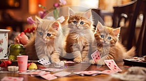 red cute fluffy kittens plays with cards on the table