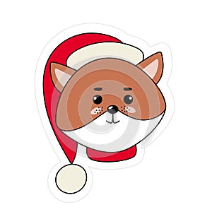 the red cute isolated vector fox in the santa red hat for christmas cards and stickers