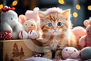 Red cute kitten next to christmas gifts and plushies toys. Blurred background with bokeh. Close up. Selective focus. Generative AI