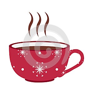 Red cute mug with hot chocolate, tea or coffee with New Year`s print